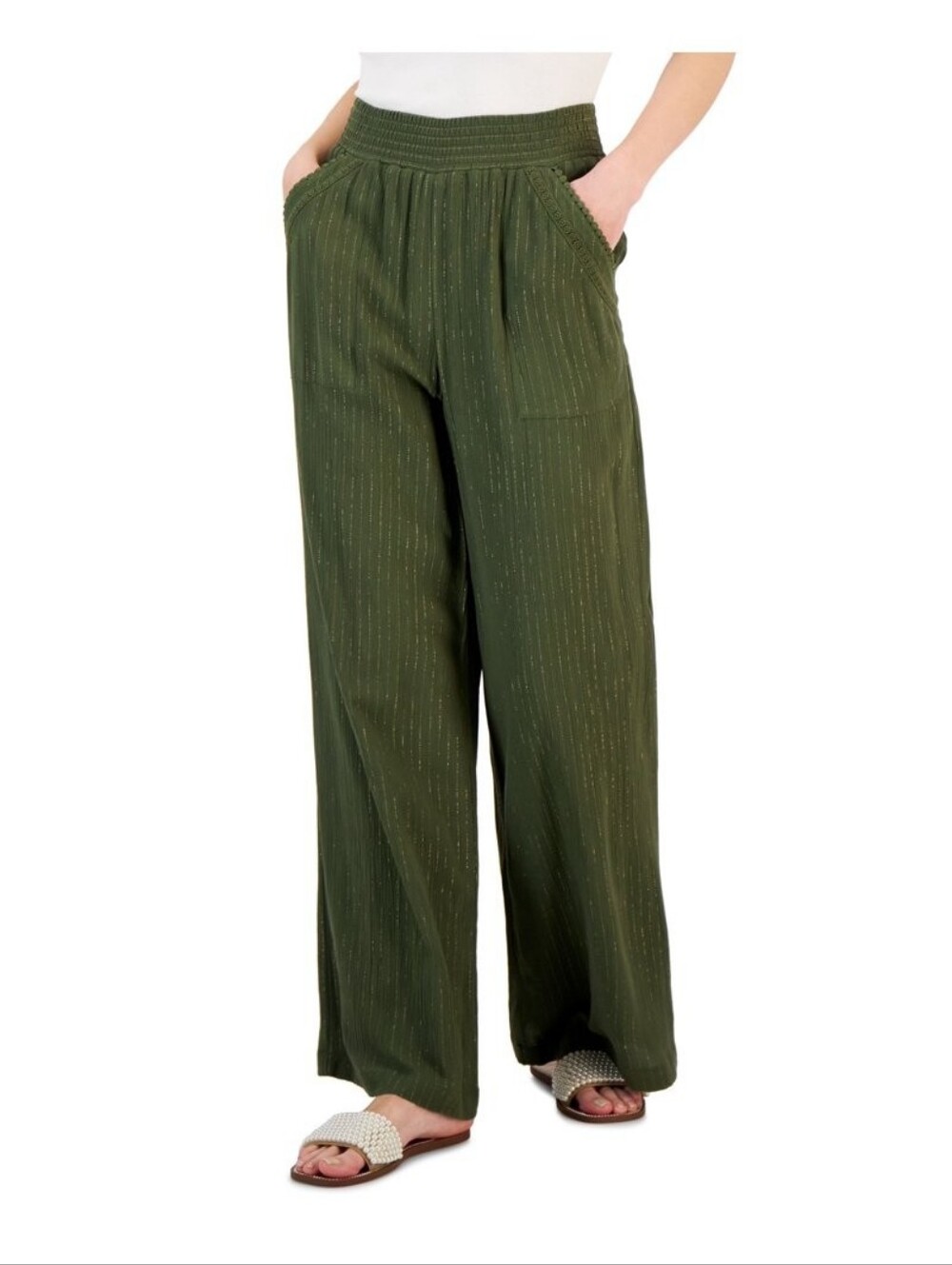 INC International Concepts Metallic Stripe Wide Leg Pants Olive Green L NWT